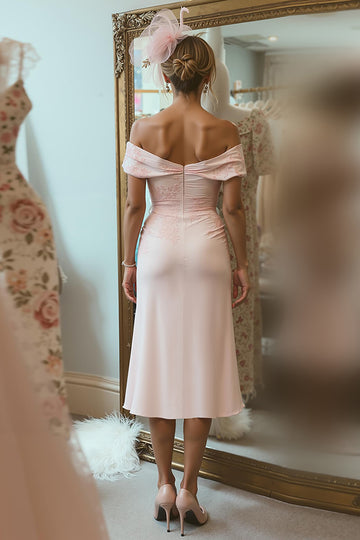 Blush Pink Sheath Off The Shoulder Mother Of The Bride Dress with Slit